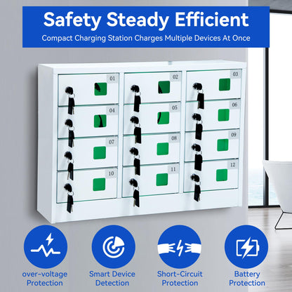 Bpatoimsx Secure and Convenient 12 Slots Cell Mobile Phone Metal Storage Cabinet Lockers with Charger Charging Station Cabinet and Key Lock White - Ideal for Students and Employees or Police Station