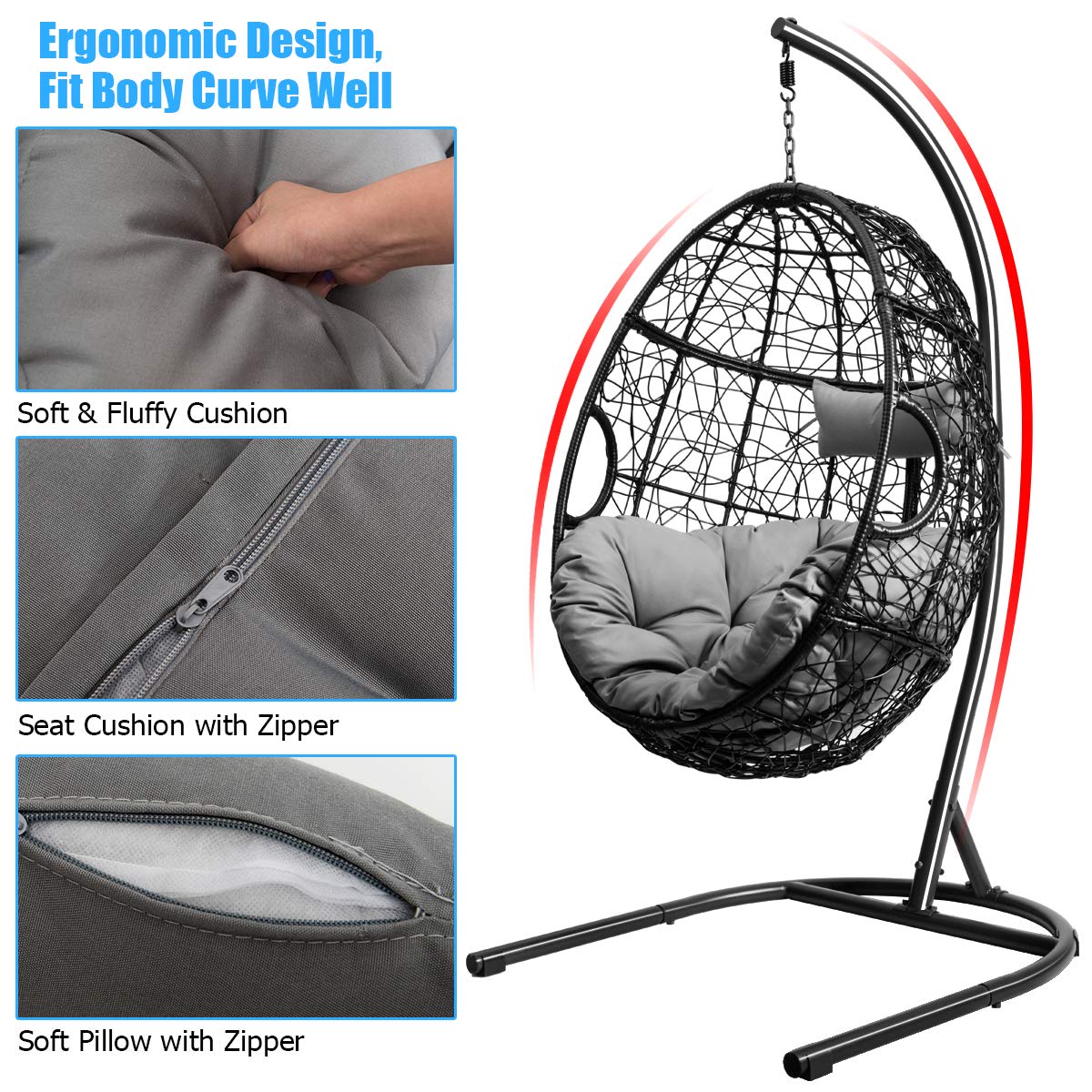Giantex Hanging Egg Chair, 36.5-Width Oversized Swing Chair with C-Hammock Stand Set, Hammock Chair with Soft Seat Cushion & Pillow, Multifunctional Hanging Chairs for Outdoor Indoor Bedroom (Gray)