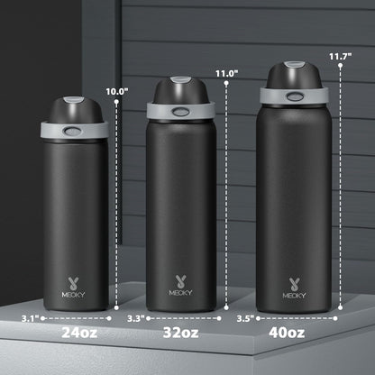 Meoky Stainless Steel Insulated Water Bottle - 24 oz, Leak Proof, 2-in-1 Straw & Spout Lid, BPA-Free