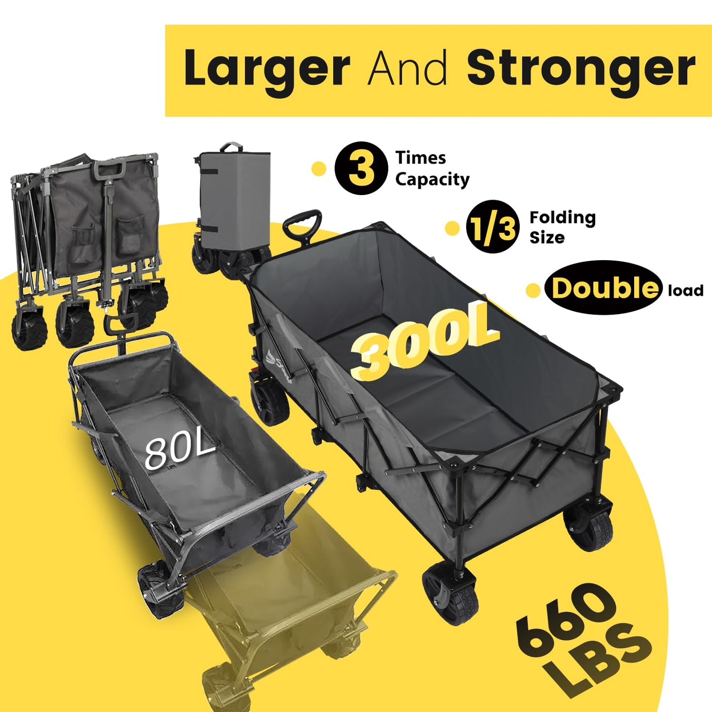 Sekey 48''L Collapsible Foldable Extended Wagon with 660lbs Weight Capacity, Heavy Duty 300L Folding Utility Garden Cart with Big All-Terrain Beach Wheels & Drink Holders. Grey