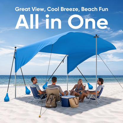 MoKo Beach Shade Canopy, 100 Sq.Ft. Wind-Supported Sunshade Sail for 4-6 People, Lightweight Easy Setup Beach Tent with UPF 50+ Sun Protection for Family Travel Coastal Trips, Blue