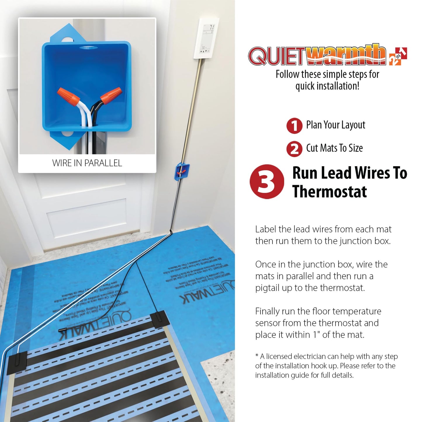 QuietWarmth Float 2-in-1 Kit QWF3X166F120VAL Radiant Floor Heating Mat w/Smart Home Thermostat for Laminate, Wood, Luxury Vinyl Floating Flooring- Cuttable Mat Size 3’x16.7' 120Volt (Covers 50sf)