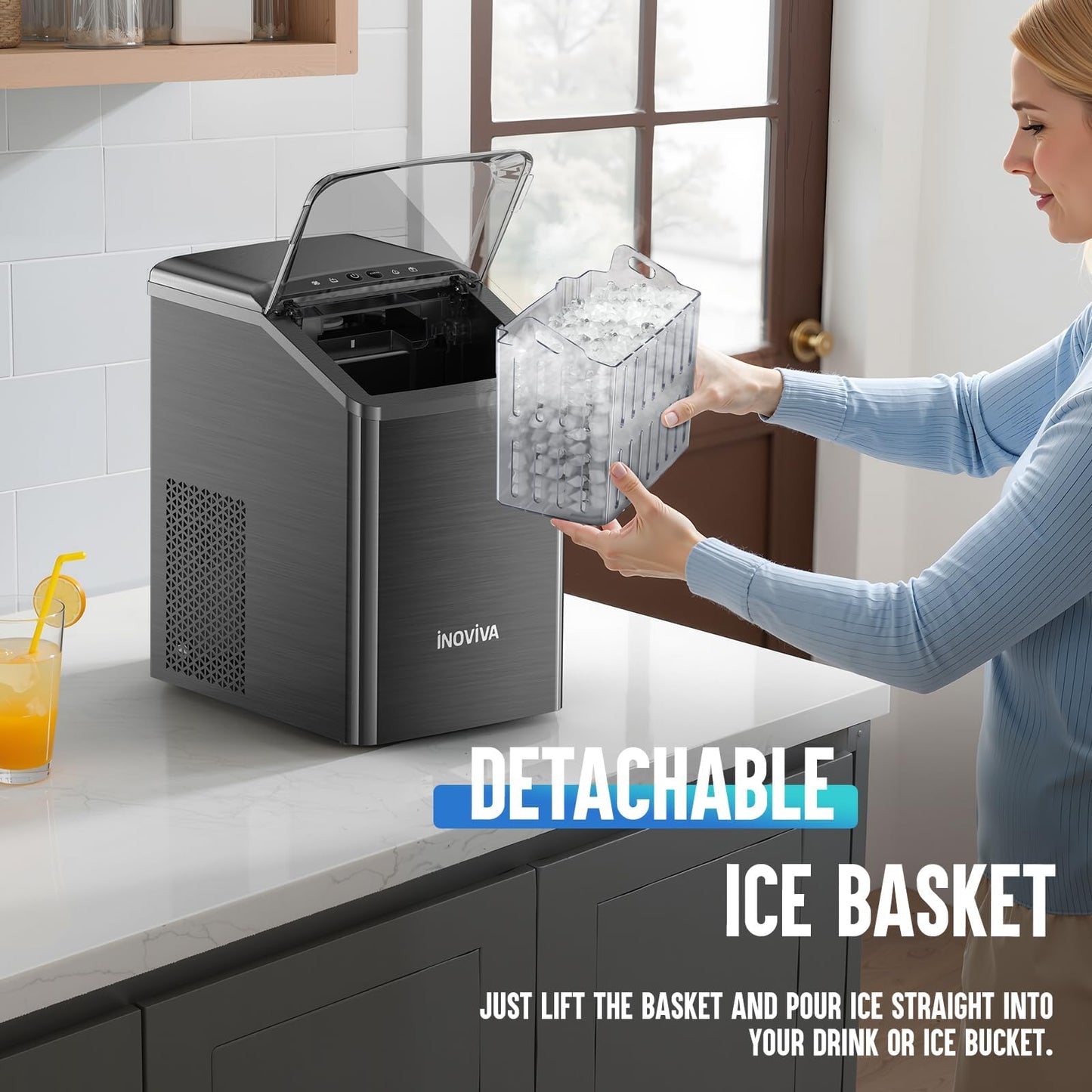 inoviva Nugget Ice Maker Countertop, 40lbs/24H Soft Chewable Pellet Ice Machine with Self-Cleaning, Sonic Ice Maker for Home Kitchen, Office - Black Stainless