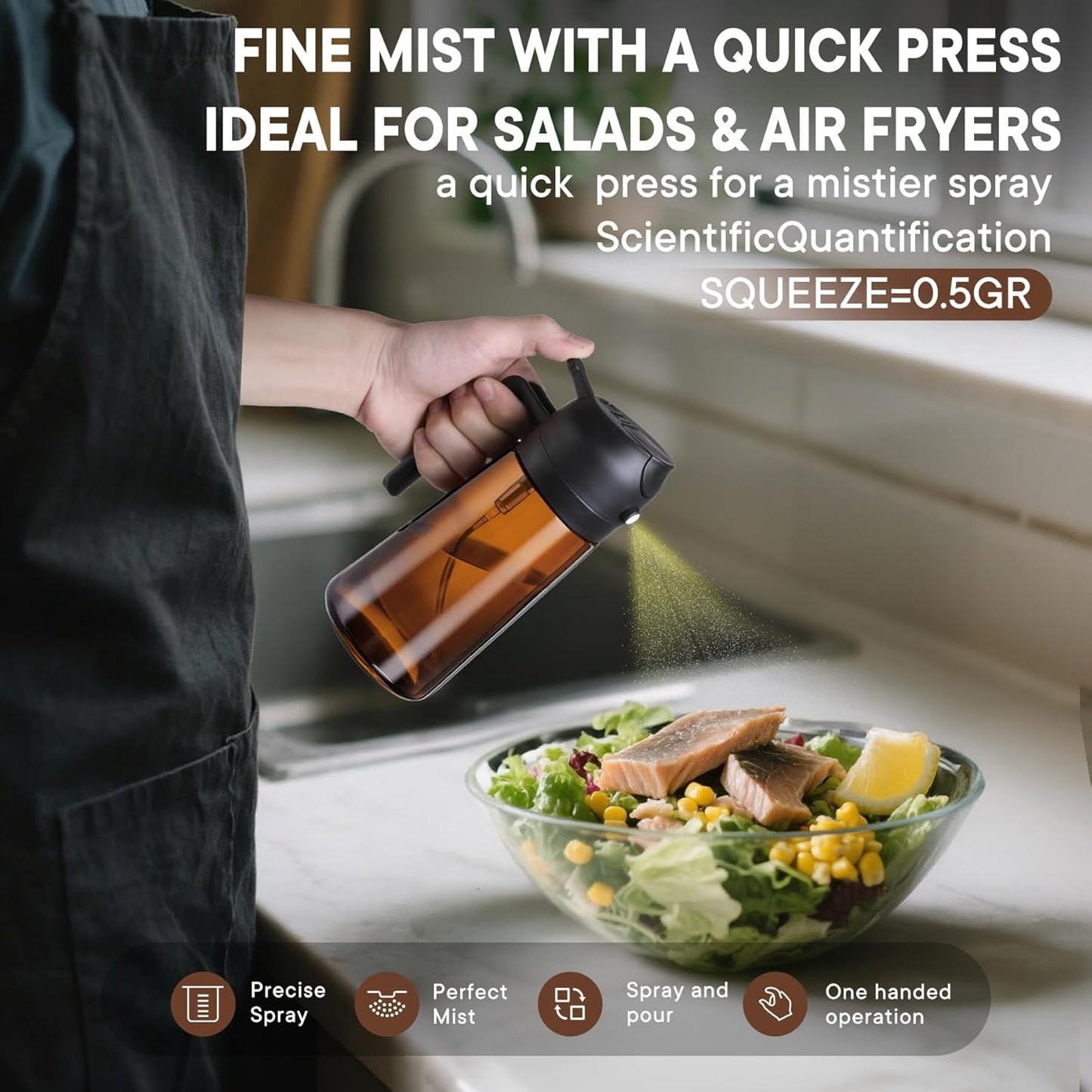 LAKUMIQI Olive Oil Sprayer - 2-in-1 Glass Dispenser & Cooking Mister, 16oz, Non-Aerosol, Leak-Resistant