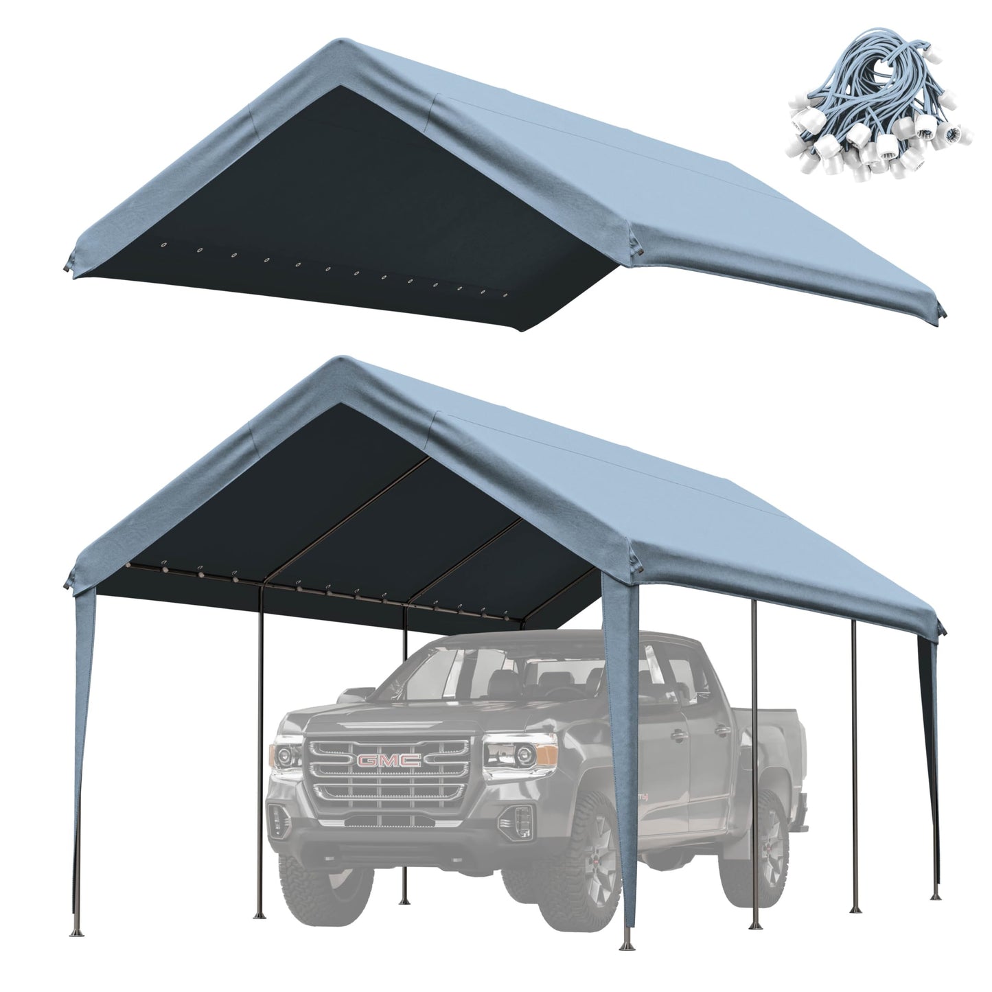 Pakunoda Carport Replacement Canopy Cover 10'x20' for Tent Top Garage Shelter Cover, 800D Heavy Duty Oxford Waterproof & UV Protected Car Canopy Tarp with Ball Bungees (Frame is not Included)