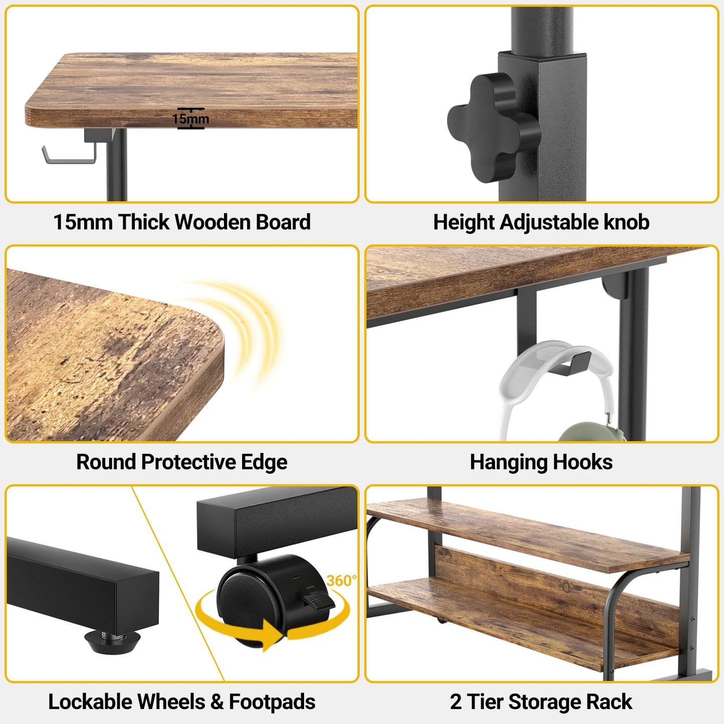 Besiost 32" Height Adjustable Standing Desk with Power Outlets - Manual Rolling Stand Up Desk with Wheels Small Portable Computer Desk Mobile Laptop Table with Storage Shelves for Home Office, Rustic