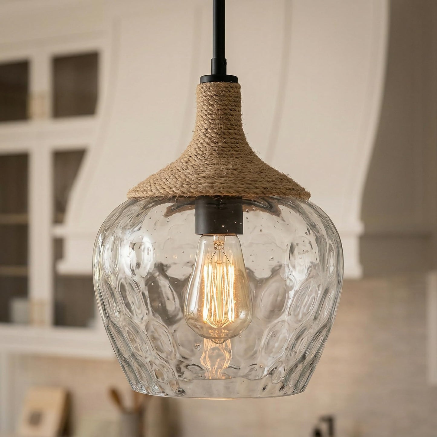 Quoizel Royer 1-Light Mini Pendant, Matte Black, Clear Water Glass with Rope Detail, Coastal Hanging Light for Kitchen, Bedroom or Bar