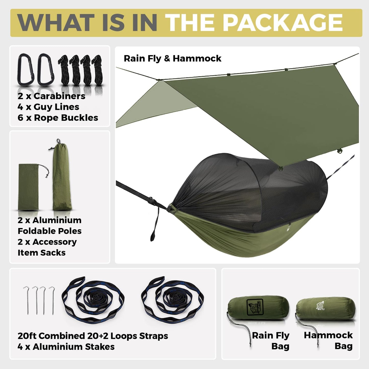 Miztli Camping Hammock with Net & Rain Fly All-in-1 - Double & Single Portable Hammock Ripstop Nylon, Complete Kit w/Adjustable Tree Straps for Backpacking, Outdoor, Travel