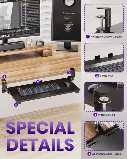 Zontera Ergonomic Keyboard Tray Under Desk, Pull Out with Adjustable C-clamp, 25.6 (31.5 Including Clamps) x 11.8 Inch Slide Out Computer Keyboard Drawer Mouse Tray for Typing, Large & Black