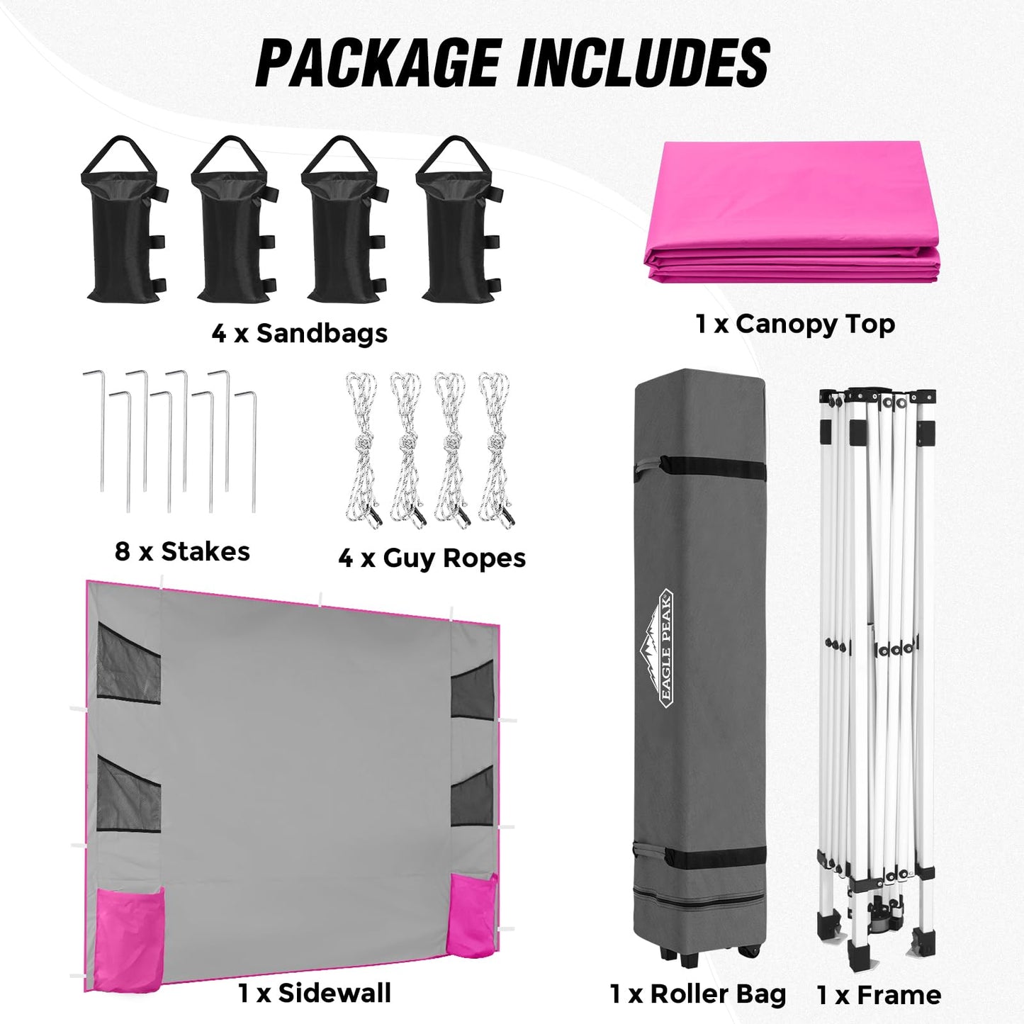 EAGLE PEAK Commercial Canopy 10x10 with Sidewall Storage, Easy OnePerson Setup Pop Up Canopy Tent with Roller Bag, Stakes, Ropes, and Weight Bags, Pink