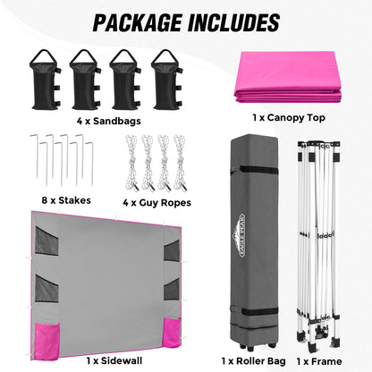 EAGLE PEAK Commercial Canopy 10x10 with Sidewall Storage, Easy OnePerson Setup Pop Up Canopy Tent with Roller Bag, Stakes, Ropes, and Weight Bags, Pink