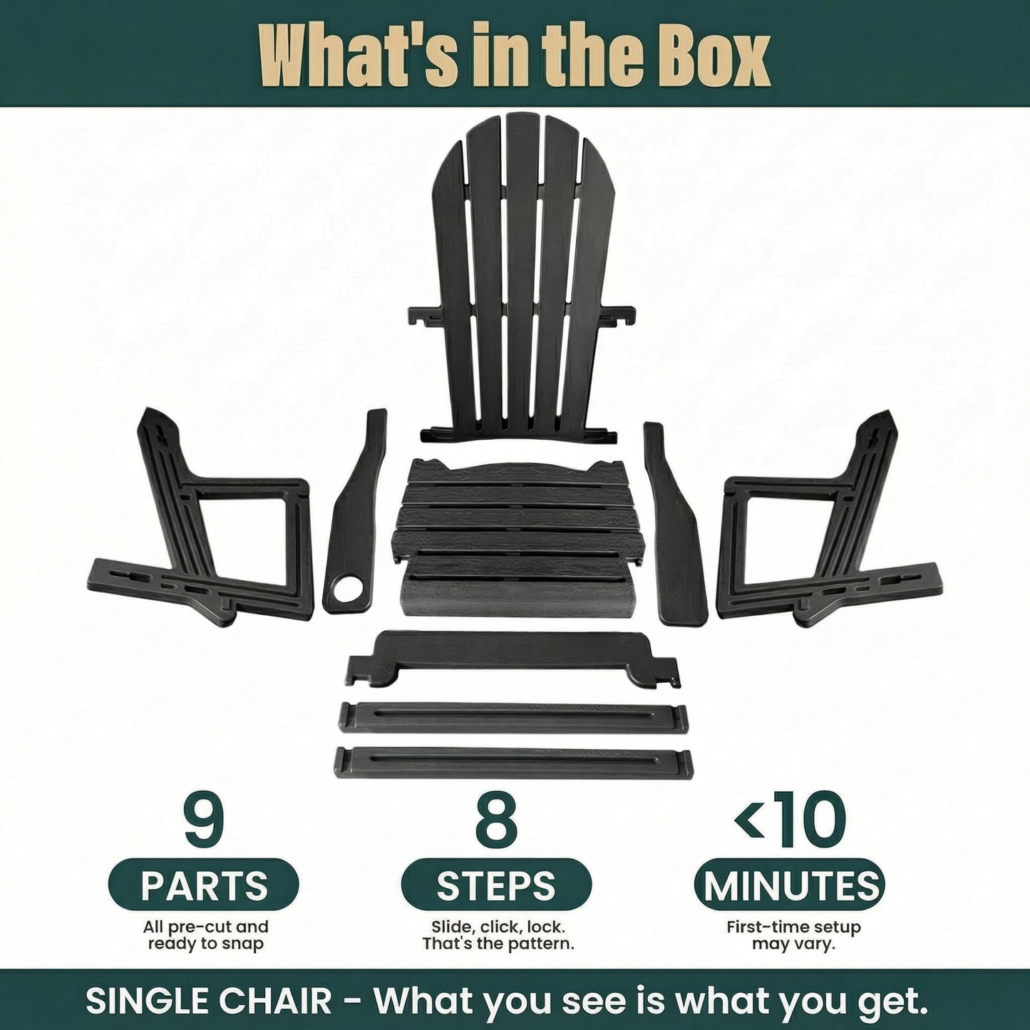 Adirondack Chair with Cup Holder,Tool-Free Assembly,No Screws Needed,All-Weather HDPE Plastic Outdoor Patio Chair,Wood-Grain Slatted Look,Easy to Take Apart for Storage,Fire Pit Chairs(Classic Black)