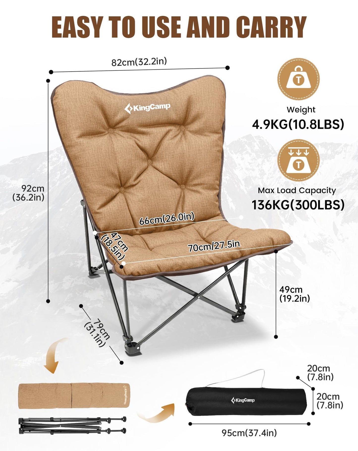 KingCamp Folding Comfy Butterfly Chair Oversized Padded Camping Chairs for Adults Comfortable Camp Chair 300lbs Heavy Duty with High Back for Outdoor Lawn Patio Bedroom Living Room Dorm