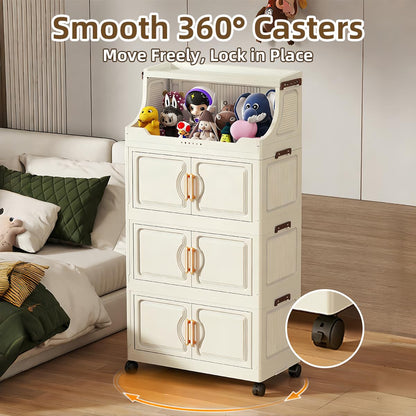 260QT Stackable Storage Bins with Lids & Rack, 6 Tier Large Capacity Foldable Storage Cabinet, Clear Collapsible Pantry Organizer for Home, Kitchen, Bathroom, Dorm, Office, White