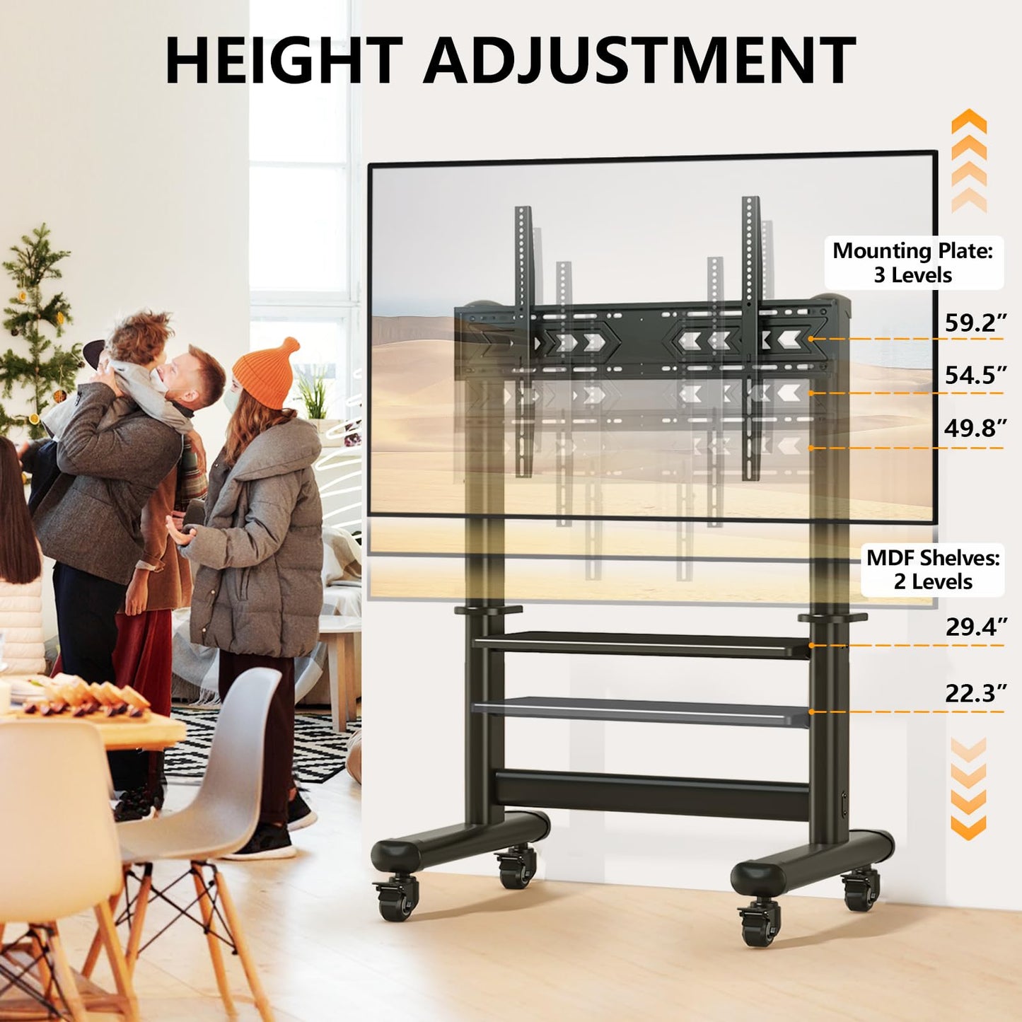 Mobile TV Cart Rolling TV Stand with Wheels for 55-120 Inch LCD LED Flat Curved Screens up to 250 lbs, Max VESA800x600 mm Heavy Duty Portable Floor TV Stand Large Base Trolley Height Adjustable