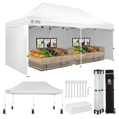 CROWN SHADES 10x20 Pop Up Canopy Tent, Thicken Frame Commercial Heavy Duty Tent, 4 Sidewalls 8 Stakes & 4 Sandbags & 4 Ropes, Outdoor Canopies for Events, Parties,White