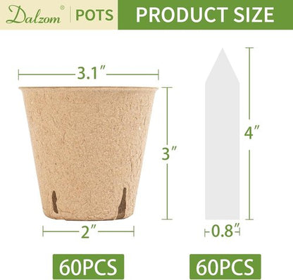 Dalzom® Biodegradable Peat Pots - 60Pcs 3.1” Seedling Containers with Drainage Holes & Labels