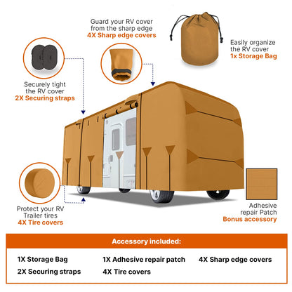 Lanceton Class A RV Cover, 300D/160g Solution-Dyed Oxford Roof (Waterproof 2000mm, UV 50+), 6-Zipper Access System, Includes 4 Tire Covers, Jack Cover & 4 Gutter Guards(37-40 Ft)