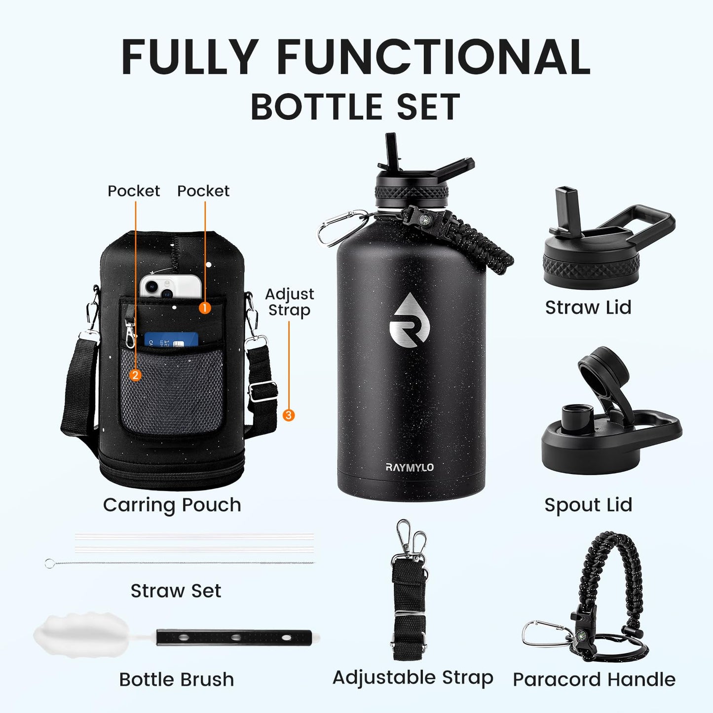 RAYMYLO One Gallon Water Bottle Insulated (Magic Black) + 128oz Insulated Water Bottle (Black Speckled)