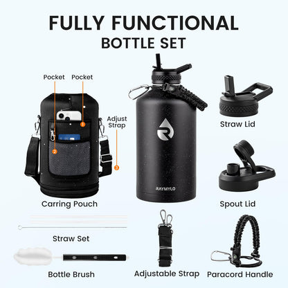 RAYMYLO One Gallon Water Bottle Insulated (Magic Black) + 128oz Insulated Water Bottle (Black Speckled)
