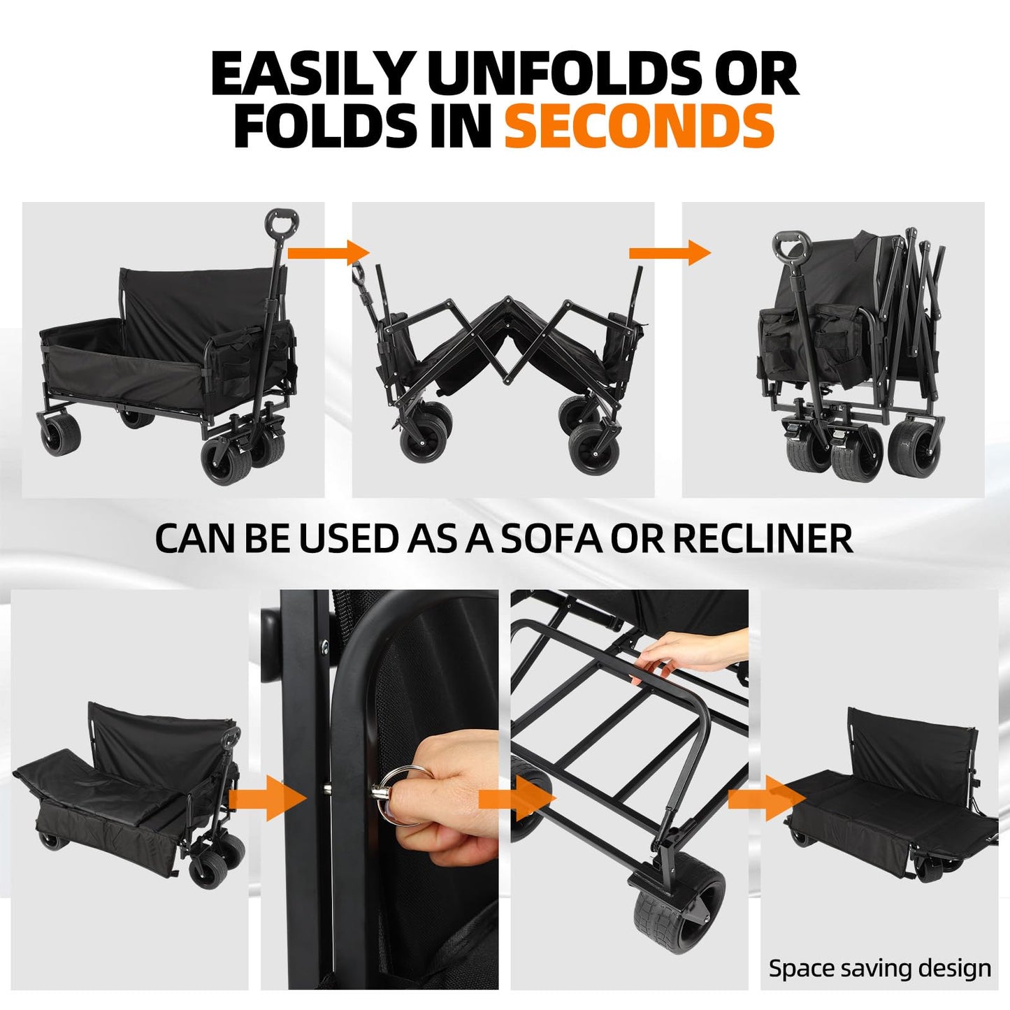 Collapsible Folding Outdoor Utility Wagon, 440LBS Heavy Duty Utility Carts,Reclining Camper,Expandable Storage，Padded and Wheeled, All Terrain Wheels, Great for Camping, Outdoors, Shopping