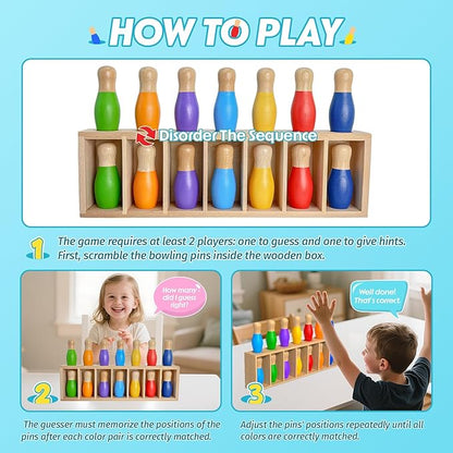 pamexin Family Games for Kids Wooden Bowling Color Matching Game with 7 Bright Pins and Storage Bag Family Board Games Party Birthday Gift Fun Party Game for Boys Girls