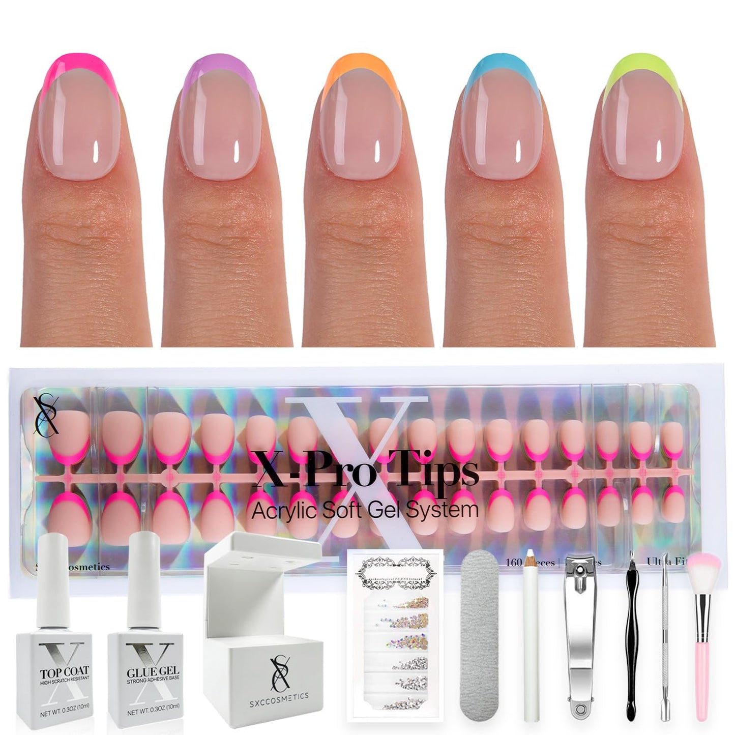 SXC Cosmetics French Tip Press On Nails - Skin Tone Nude and Color Series, Short Coffin X-Pro Tips Starter Kit ST119KIT