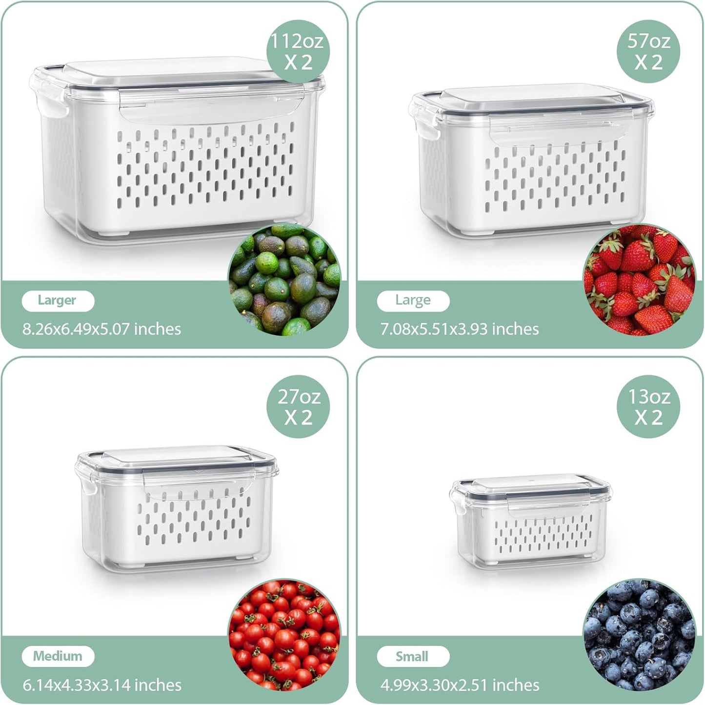 Skiennix Fruit Storage Containers - Airtight 8-Pack with Removable Colander & Divider Plate | Keep Berries Fresh