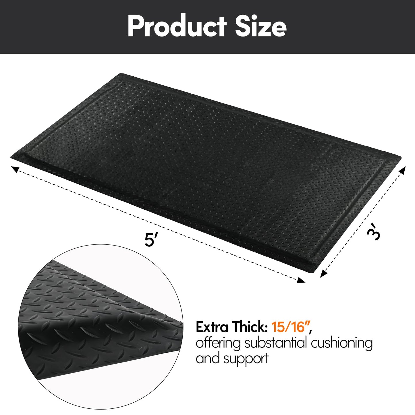 Nisorpa Anti Fatigue Mats Industrial 3' x 5' Ergonomic Standing Mat 15/16" Extra Thick Kitchen Mats Shop Floor Mat Heavy Duty Commercial Diamond Plate Safty Mat Support for Leg & Back Pain, Black