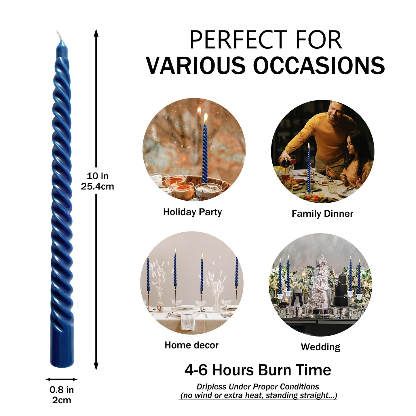 10 Inch Navy Blue Taper Candle Set, 10 Pack Unscented Dripless Candlesticks for Family Dinner Parties Home Decoration Picnic