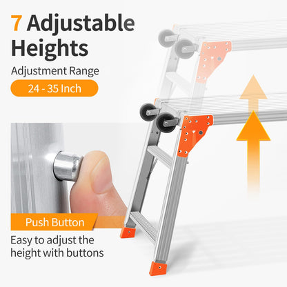 Multifunctional & Adjustable Work Platform with Wheels, 330 lbs Capacity, 25 to 35 inches Step Ladder, Aluminum Folding Scaffolding Ladder, Heavy Duty Portable Bench Ladder Stool with Non-Slip Feet