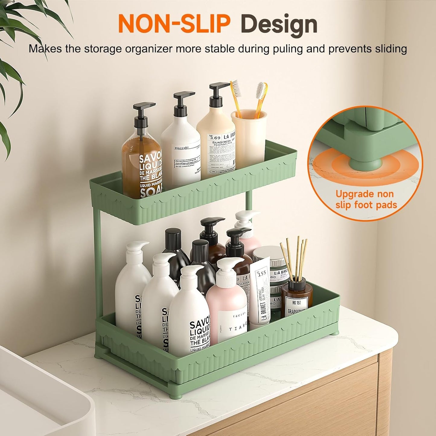 Sevenblue Multi-Purpose Under Sink Organizers - 3 Pack L-Shaped Pull Out Storage for Bathroom & Kitchen | Green, 14.85 Inch