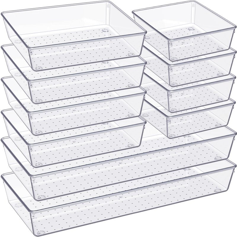 Criusia Clear Drawer Organizer 7 PCS - 5 Size Plastic Versatile Kitchen and Bathroom Organizer Trays, Non-Slip Storage Bins for Makeup, Utensils, Tool and Office Desk