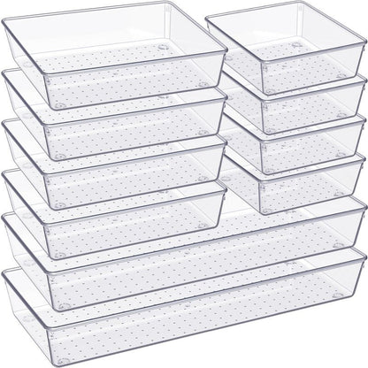 Criusia Clear Drawer Organizer 7 PCS - 5 Size Plastic Versatile Kitchen and Bathroom Organizer Trays, Non-Slip Storage Bins for Makeup, Utensils, Tool and Office Desk