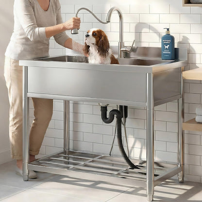 GGW Stainless Steel Large Utility Sink Single Bowl, Freestanding Laundry Sink with Pull-Out Faucet, Utility Sink for Laundry Room, Garage, Kitchen, Outdoor/Indoor Use, W35.4" x D22.4" x H37"