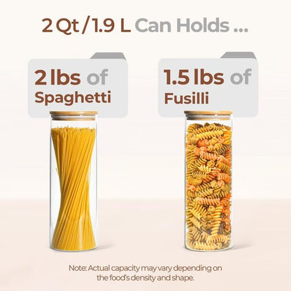 ComSaf Glass Pasta Storage Container Set - 2 Qt Airtight Jars with Wood Lids | Clear Kitchen Pantry Organization