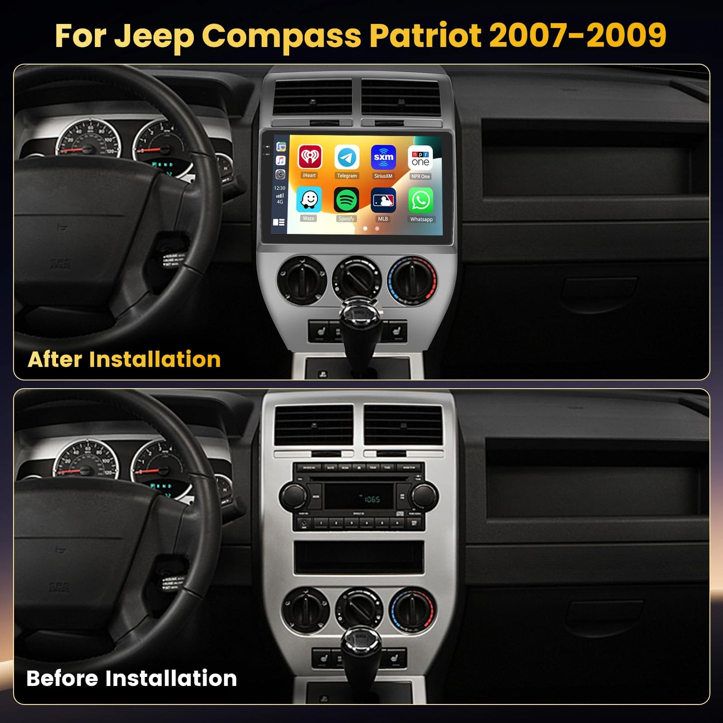 Fuluku 4+128G Android 15 Car Stereo for Jeep Compass Patriot 2007-2009 Wireless Carplay Android Auto, 10.1 Inch Incell Touch Screen Car Stereo with GPS, Backup Camera, Bluetooth, FM/RDS, EQ, WiFi, SWC