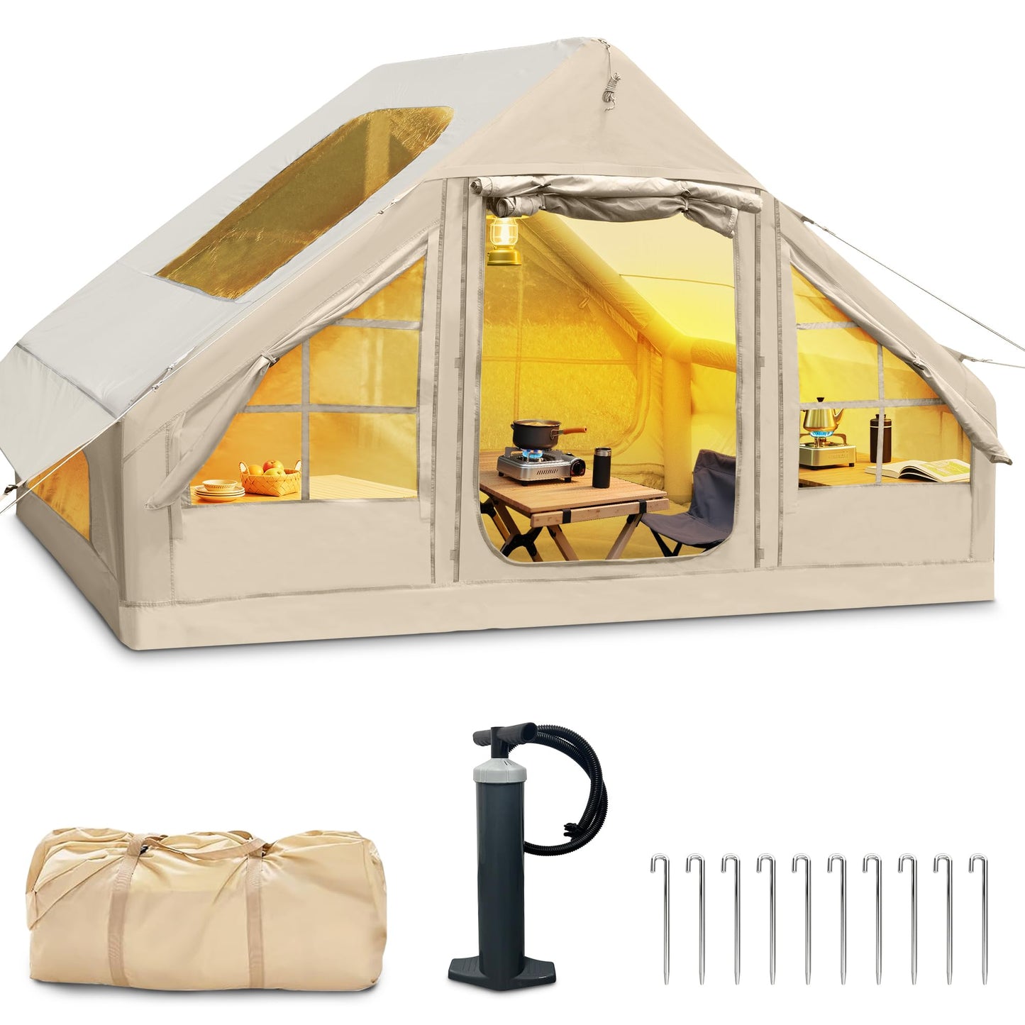 Inflatable Tent for Camping 4-6 Person, Blow Up Glamping Tents with Pump, Quick Setup Cabin Air House with Panoramic Skylight and Front Canopy, Waterproof Oxford Family Outdoor Shelter, Beige