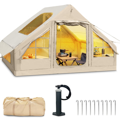 Inflatable Tent for Camping 4-6 Person, Blow Up Glamping Tents with Pump, Quick Setup Cabin Air House with Panoramic Skylight and Front Canopy, Waterproof Oxford Family Outdoor Shelter, Beige