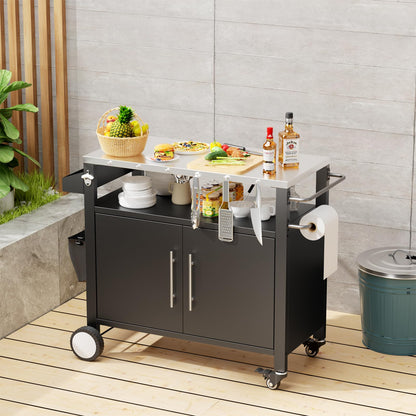 KEIKI Two Doors Outdoor Grill Cart with Patio Furniture, Rolling Bar Cart, Outdoor BBQ Cart with Hooks and Spice Rack for Grilling Accessories