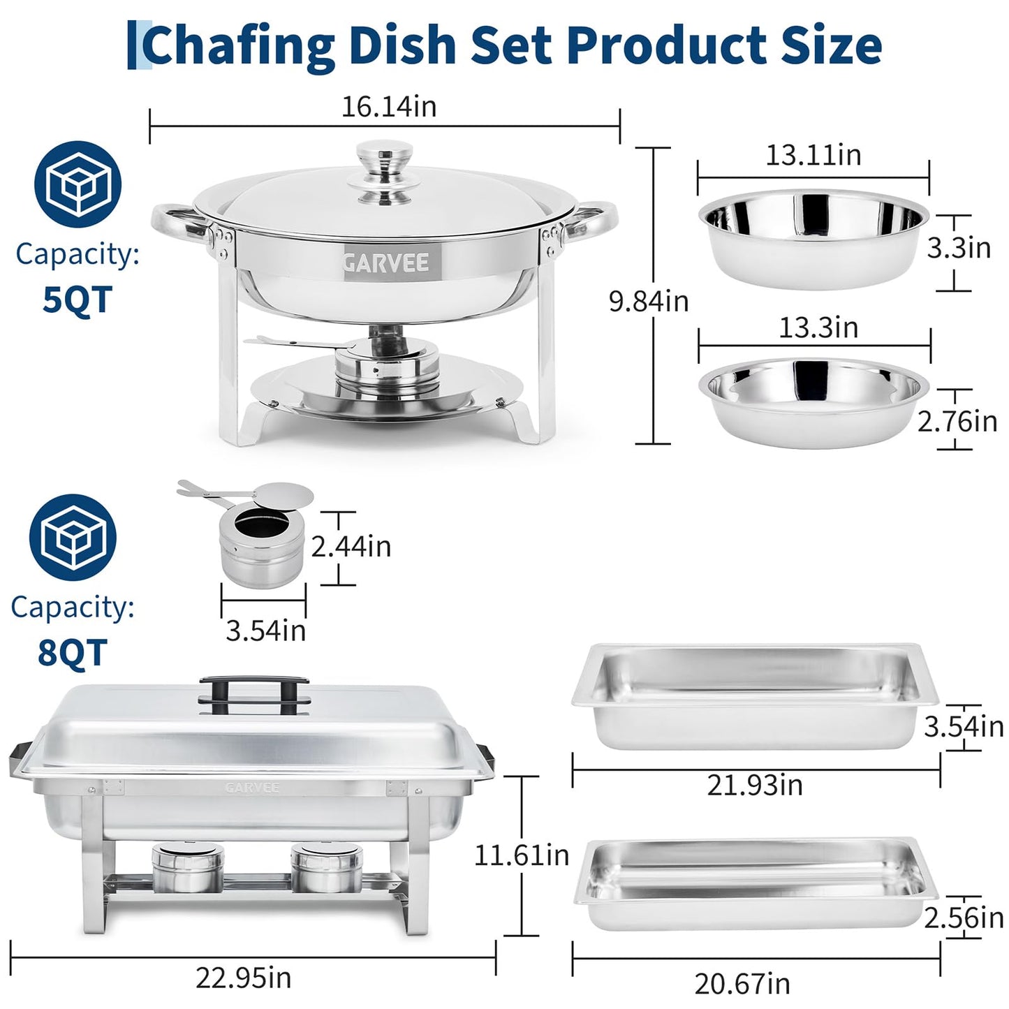 Garvee 4 Pack Chafing Dish Buffet Set, 8 Qt Rectangle & 5 Qt Round Stainless Steel Chafers and Food Warmer Sets with Lid, Food & Water Pan and Fuel Holder for Events, Parties & Holiday Catering