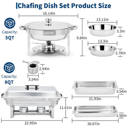 Garvee 4 Pack Chafing Dish Buffet Set, 8 Qt Rectangle & 5 Qt Round Stainless Steel Chafers and Food Warmer Sets with Lid, Food & Water Pan and Fuel Holder for Events, Parties & Holiday Catering
