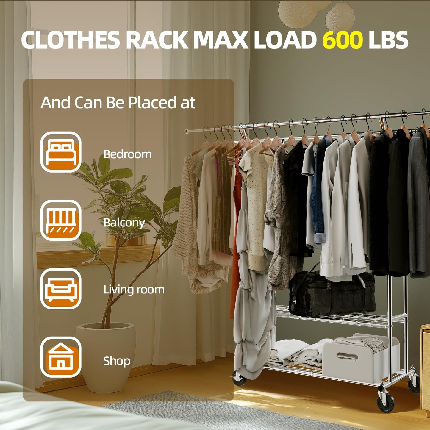 FAHKNS Clothes Rack, 74.5'' W Clothing Rack, Rolling Heavy Duty Clothes Rack, Load 600 Lbs with Wheels, Double Rod Clothing Racks for Hanging Clothes, Adjustable Garment Rack Commercial Portable