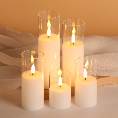 Girimax Clear Glass Flameless Candles with Remote Batteries, Flickering Slim LED Pillar Candles Set of 5