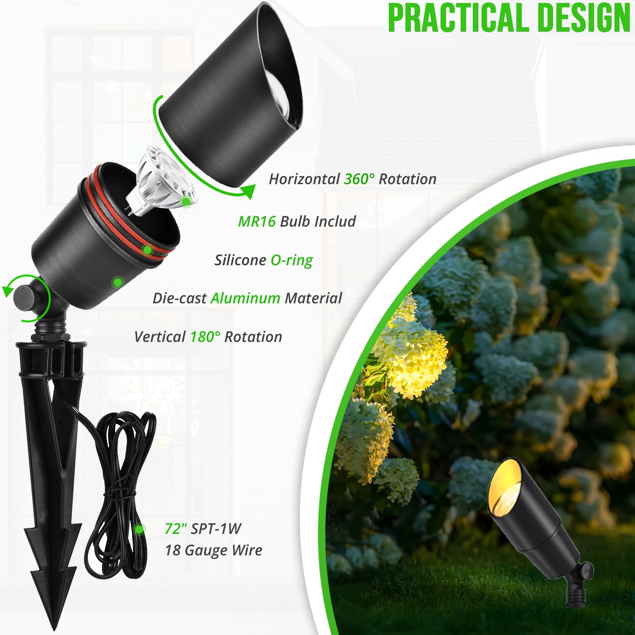 wowlite Matte Black Aluminum Outdoor Spot Lights with 4 Light Bulbs, 5W 2700K Warmlight 12V Low Voltage Landscape Lighting Fixture, IP65 Waterproof LED Uplights for Garden Courtyard Pathway, 4 Pack