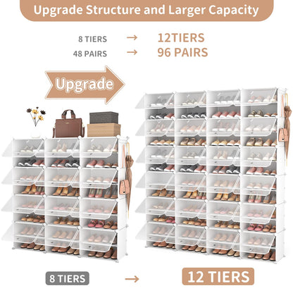 ROJASOP Shoe Storage Cabinet, 12-Tier Shoe Organizer 96 Pairs Extra Large Plastic Shoe Rack with Covers Portable Shoe Rack Organizer with Doors Big Shoe Rack for Closet Entryway Bedroom