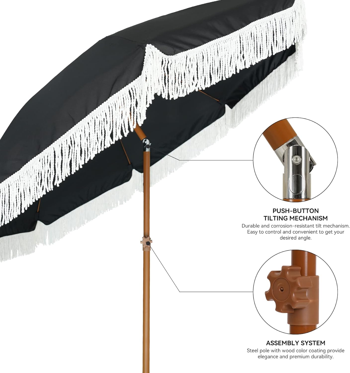 AMMSUN 7ft Patio Umbrella - Outdoor Fringe Umbrella with UPF50+ Protection & Steel Pole | Black
