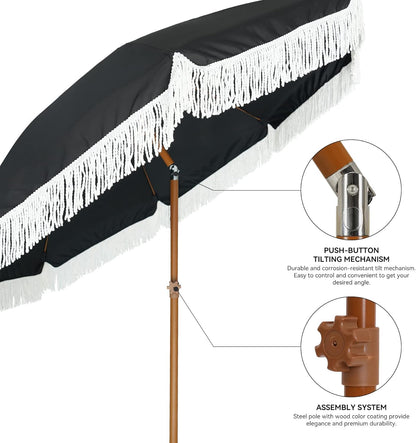 AMMSUN 7ft Patio Umbrella - Outdoor Fringe Umbrella with UPF50+ Protection & Steel Pole | Black