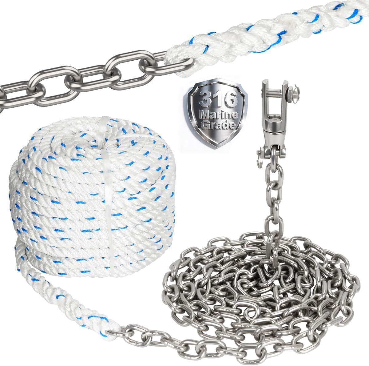 FUCNEN Windlass Anchor Rode, 1/2" Anchor Rope/line 100ft with 1/4" Anchor Chain 10ft and Swivel Connector, G4 316 Stainless Steel Short-Link Marine Chain with 3-Strand Nylon Rope