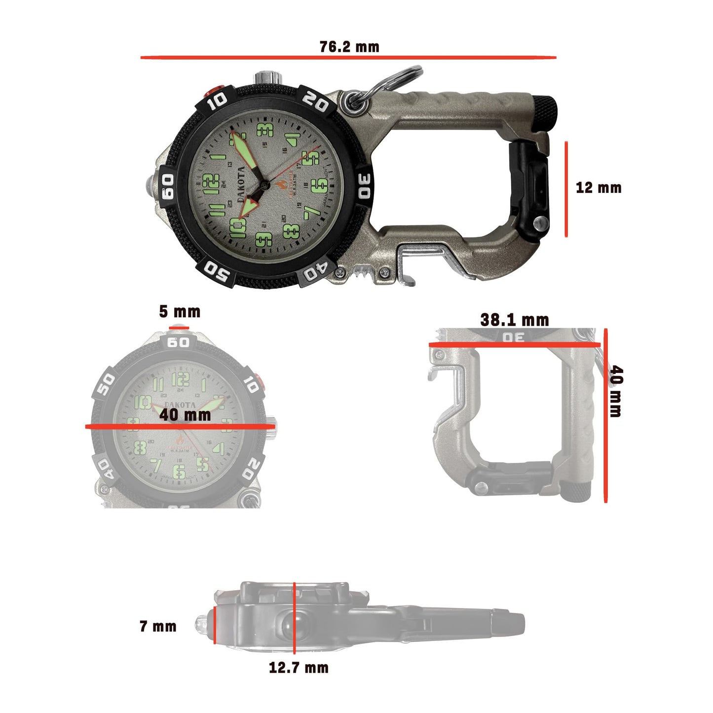 Dakota Flint Clip-On Survival Watch – Outdoor Tool with Flint Fire Starter, LED Flashlight & Bottle Opener – Silver